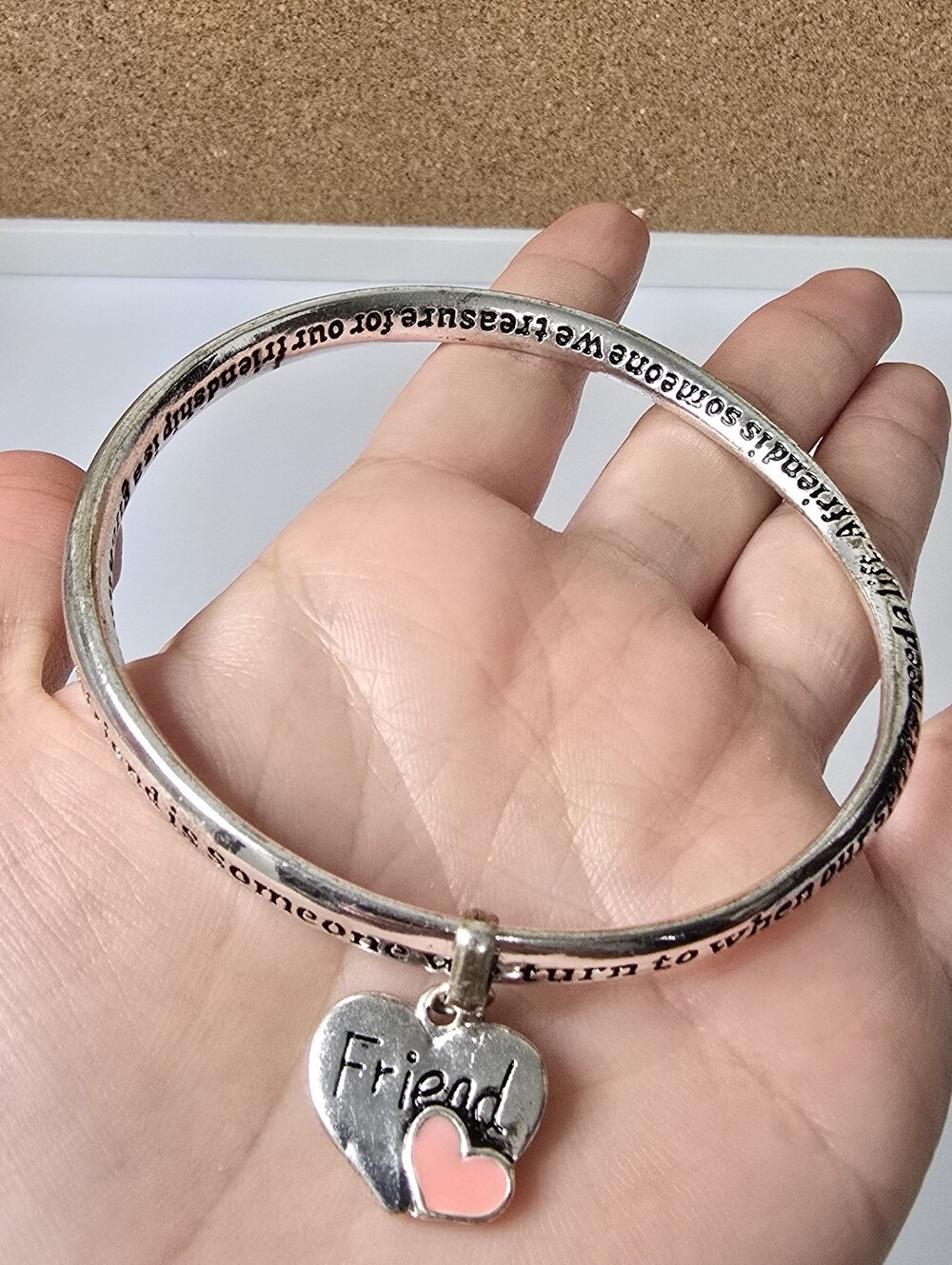 Engraved Heart Charm Bangle in Silver & Pink
